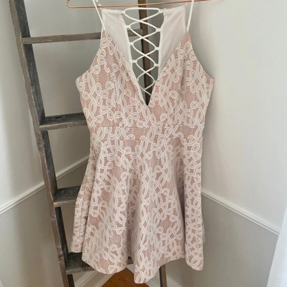 White lace open back dress